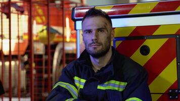 Tired fireman in protective uniform looking at camera while sitting near fire engine on station after extinguishing a fire video