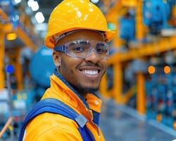 A man wearing a hardhat and safety glasses smiles confidently while working in a factory photo