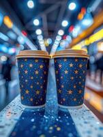 Two coffee cups with star patterns stand on a wet surface in the city photo