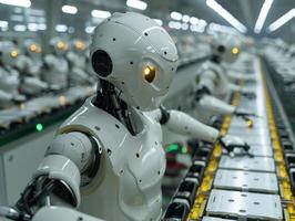 A row of robots working on an assembly line in a futuristic factory photo