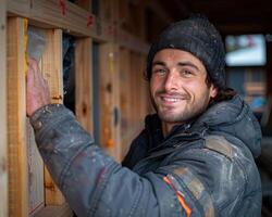 A construction worker smiles while working on a new build photo