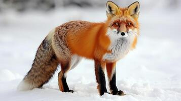 A red fox stands in the snow, its fur contrasting with the white backdrop photo