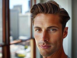 A man with a serious expression looks out of a window in a city photo
