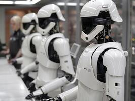 A row of white robots with helmets stand in a futuristic facility photo