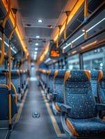 Empty seats on a modern public transit bus photo