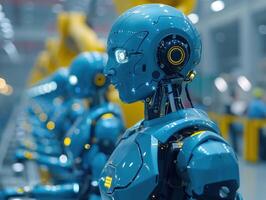A row of blue robots stand in a factory setting, ready for work photo
