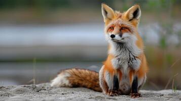 A red fox sits perched on a rock by a river, its fur glowing in the sunlight photo
