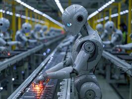 Robots work diligently on an assembly line in a factory photo