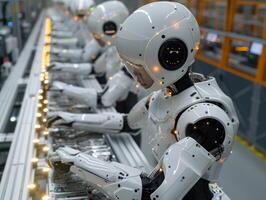 A line of white robots work in a futuristic factory setting photo