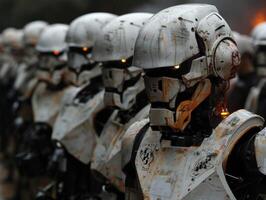 A line of white robots in armor stands ready in the mist photo