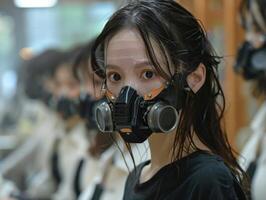 A woman wearing a respirator stares intently at the viewer, her expression resolute photo