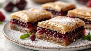 Plate of fresh cherry pastries highlighting flaky layers and sweet filling photo