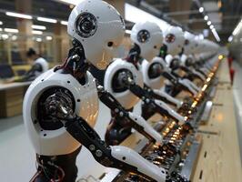 A line of white robots perform repetitive tasks in a factory setting photo