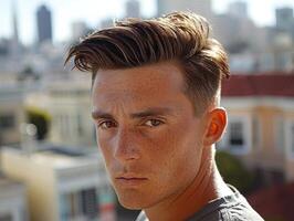 A young man looks intensely at the camera, his face illuminated by the afternoon sun photo