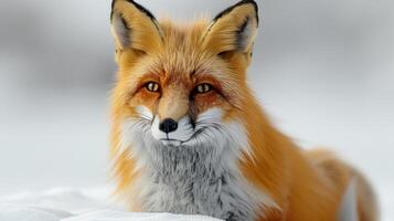 A red fox sits in the snow, looking directly at the camera photo