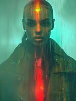 A woman stands in a downpour of glowing rain, her expression intense photo
