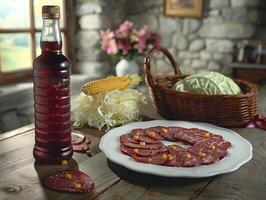 Rustic table setting featuring sliced meat, corn, and cabbage photo