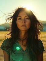 Woman with long, dark hair gazes at camera, sun creating golden glow photo