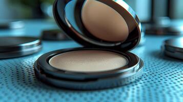 A close-up of a compact powder, open and ready for use, on a blue, textured surface photo