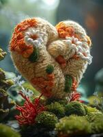 A heart-shaped knitted object adorned with flowers stands in a verdant garden photo