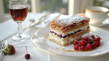 Puff pastry dessert with cream and berries, dusted with powdered sugar photo