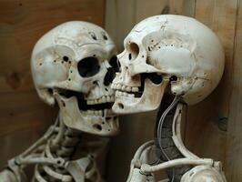 Two articulated skulls with open mouths in a wooden box photo