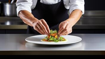 Chef preparing a gourmet salad dish, adding final touches. Professional cook in a restaurant kitchen assembling a culinary masterpiece. photo