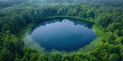 An aerial view of a perfectly circular lake surrounded by lush green forest. The still water reflects the blue sky, creating a serene and tranquil atmosphere. photo