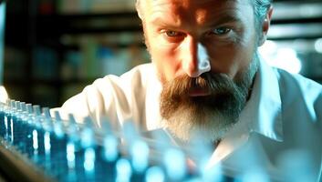 A scientist with a beard intently examines test tubes in a laboratory setting, focused on scientific research and analysis. photo