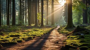 Sunbeams illuminating a magical path through a lush green forest. Moss covered ground, tall trees, and a sense of tranquility and wonder. photo