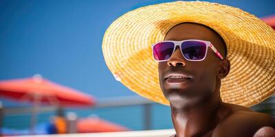 Portrait of a stylish young black man wearing a straw hat and sunglasses by the pool. He is enjoying a sunny and relaxing summer day. photo