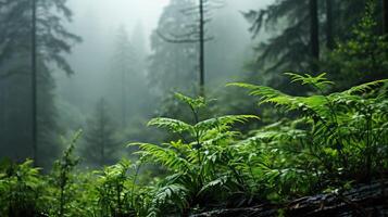 Lush green ferns thrive in the foreground of a misty, ethereal forest. Sunlight filters through the fog, illuminating the vibrant green foliage. photo