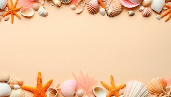 Seashells and starfish border on a sandy background. Summer beach vacation concept with copy space. photo