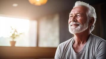 Serene senior man with white hair and beard smiles while looking up at the sunlight streaming through a window. His peaceful expression reflects contentment and hope. photo