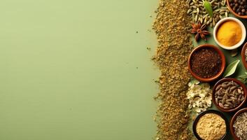 Various colorful spices and herbs in bowls on a green background. Top view with copy space. photo
