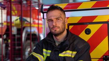 Tired fireman in protective uniform looking at camera while sitting near fire engine on station video