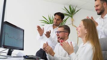 Diverse traders celebrating successful day at the stock market. Bitcoin growth, bullrun video