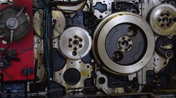 A fragment of the engine. Engine gears wheels, closeup view video