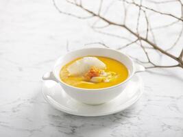 Braised Sharks Fin Soup with Crab Roe served in a bowl isolated on grey background photo