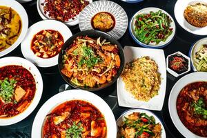 Spicy hot pot, fried rice, fried String Beans with Minced Pork, fungus, Steamed Chicken with Chili Sauce, Mapo Tofu, Bawang Chicken, boiled fish, pork belly, served top view of hong kong food photo
