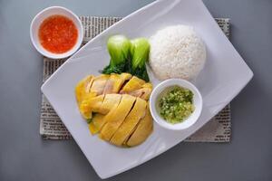 Hainan Chicken Rice with pickled vegetables and sauce served in dish isolated on napkin top view of chinese food on grey background photo