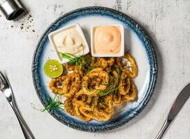 Fried Calamari or Flashed fried squid rings with lemon mayo dip sauce served in plate isolated on background top view of italian food photo