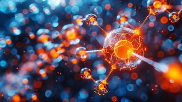 3d render of orange molecule or atom nano research chemical cellular structure under microscope. Medicine and science and microbiology in laboratory. Ai-generated photo