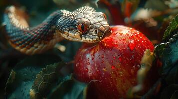 Wildlife of snake on red apple and dew droplet on fresh apple after rain in tropical forest. Ai-Genertaed photo