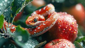Wildlife of snake on red apple and dew droplet on fresh apple after rain in tropical forest. Ai-Genertaed photo