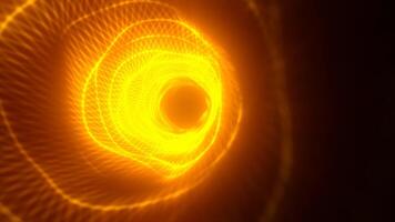 Abstract bright yellow glowing background with a tunnel of lines and stripes of energy of burning rays of plasma and electricity with light, in in high quality 4k, motion design video