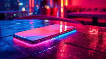 Smartphone with neon light on the bar counter in a nightclub video