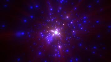 Abstract bright purple glowing background with flying dots circles bokeh energy particles and light rays, in high quality 4k, motion design video