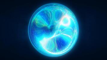 A glowing blue orb with fluid, swirling patterns inside, set against video