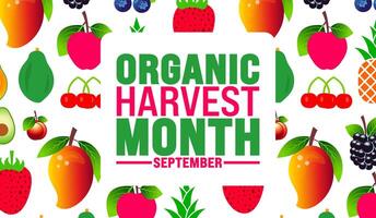 Organic Harvest Month is observed every year in September. Holiday concept. Template for background, banner, card, poster, placard, design template with unique shapes with standard color. vector